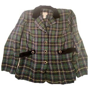 JT Collection 16WP Plaid Blazer Vtg Velvet Collar Gold Buttons Textured Check